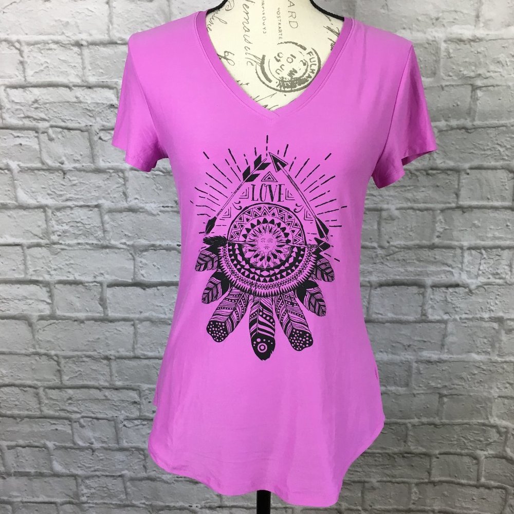 No Boundaries Pink V-Neck Tee with Feathers